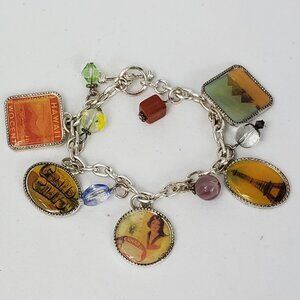 Vintage AAI Signed Dangle Silver Tone World Landmarks Bracelet